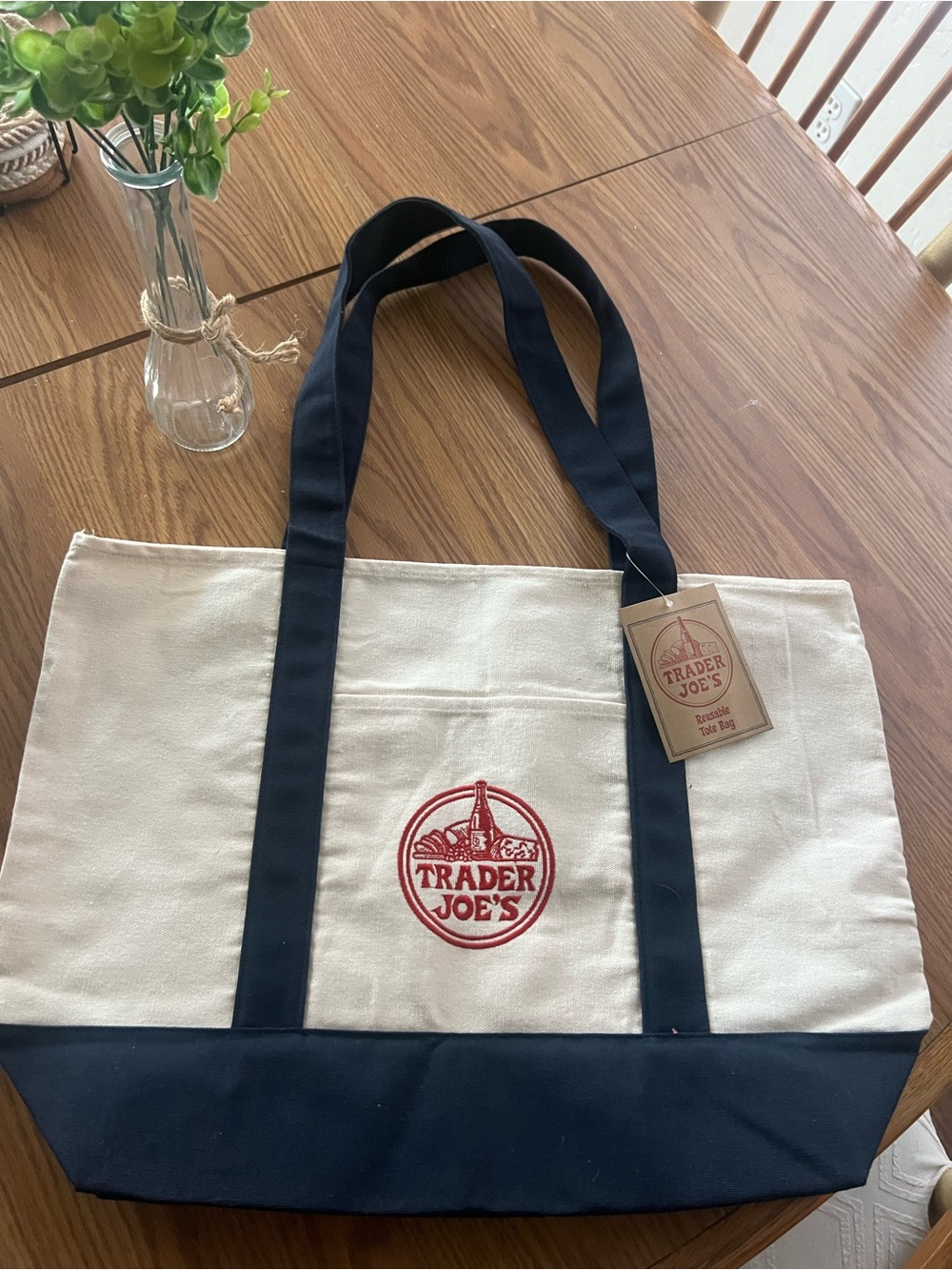 Trader Joe’s Large Navy and Ivory tote bag NWT
